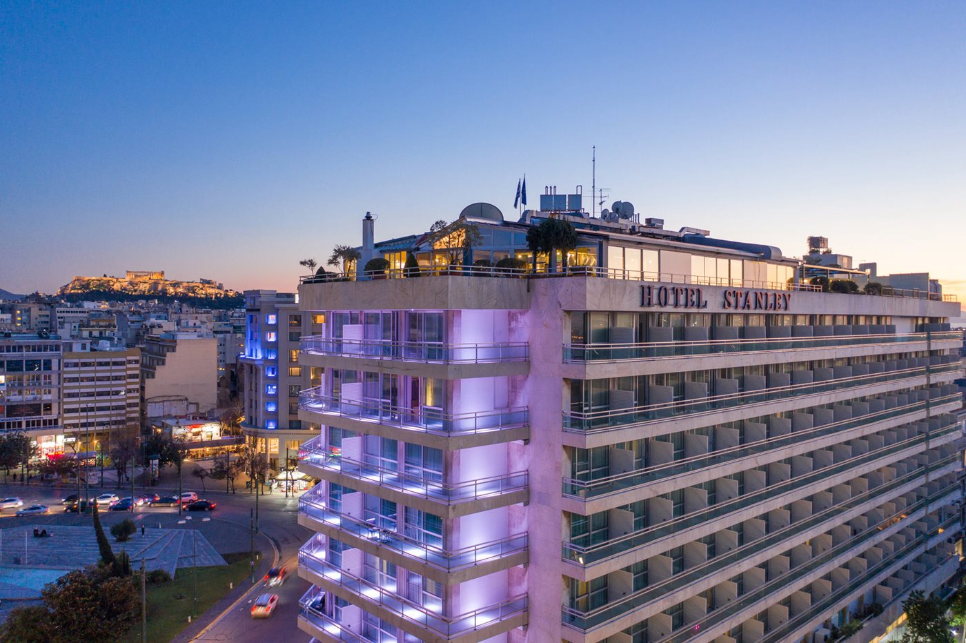 View of the Acropolis and hotel, Stanley, Athens