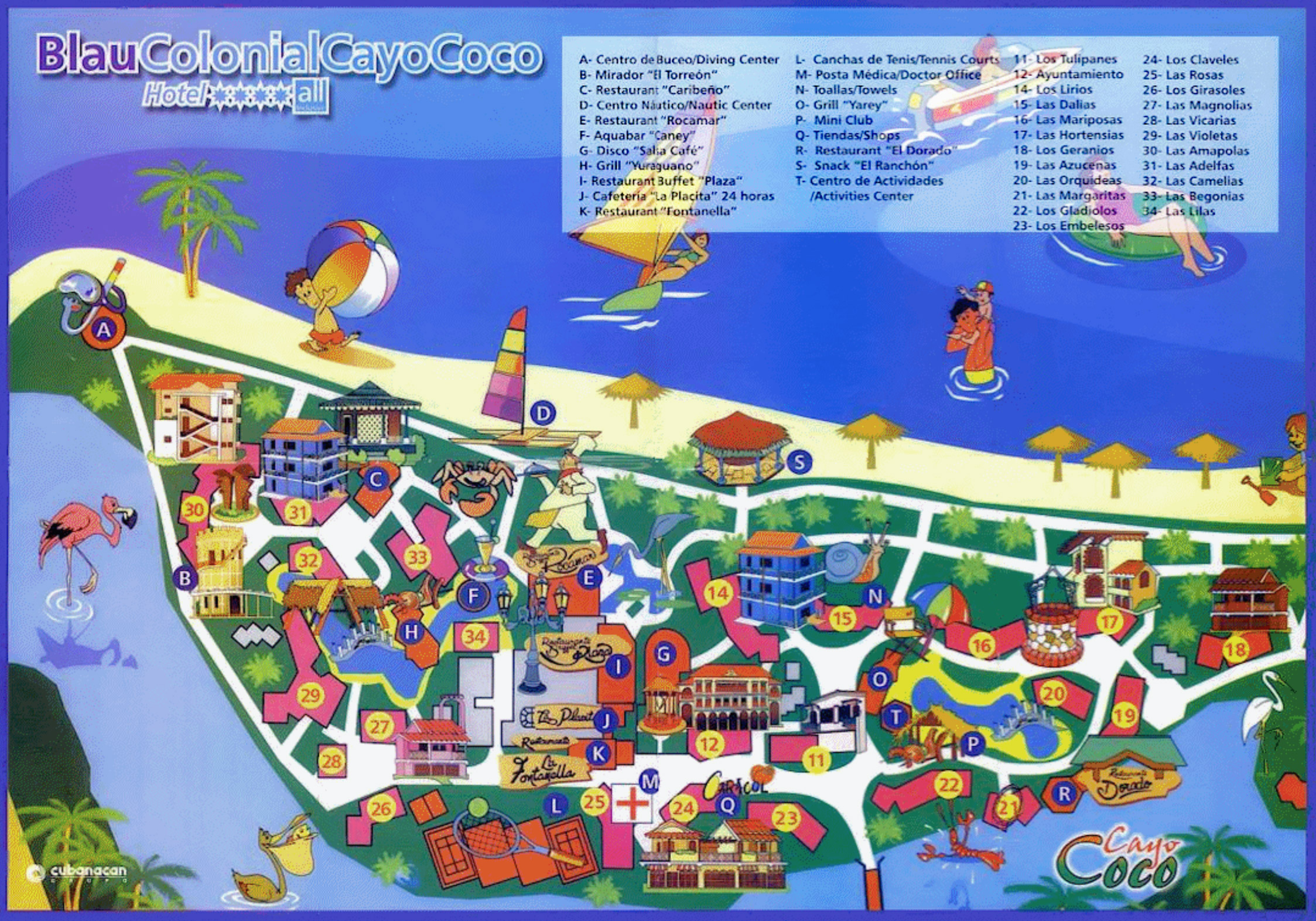 What are some important locations on a map of Cayo Coco, Cuba?