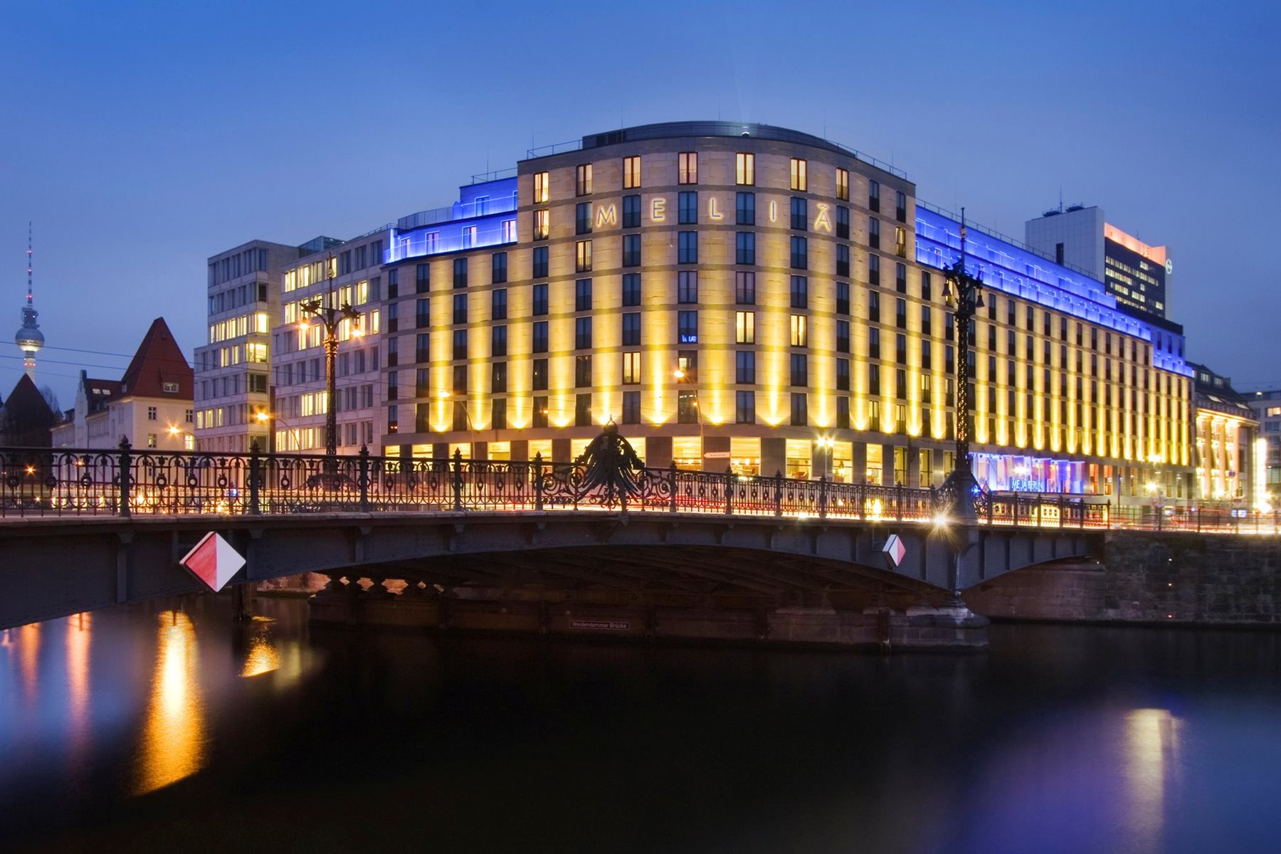 Hotel facade at night, Meliá Berlin